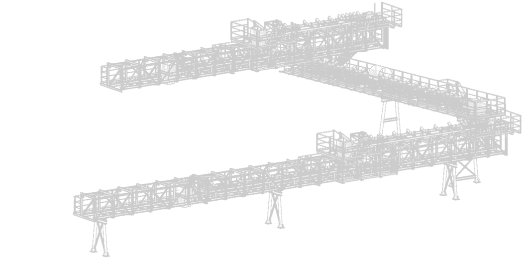 コンベヤーシステムのトラス構造を描いた詳細な3Dワイヤーフレーム設計図