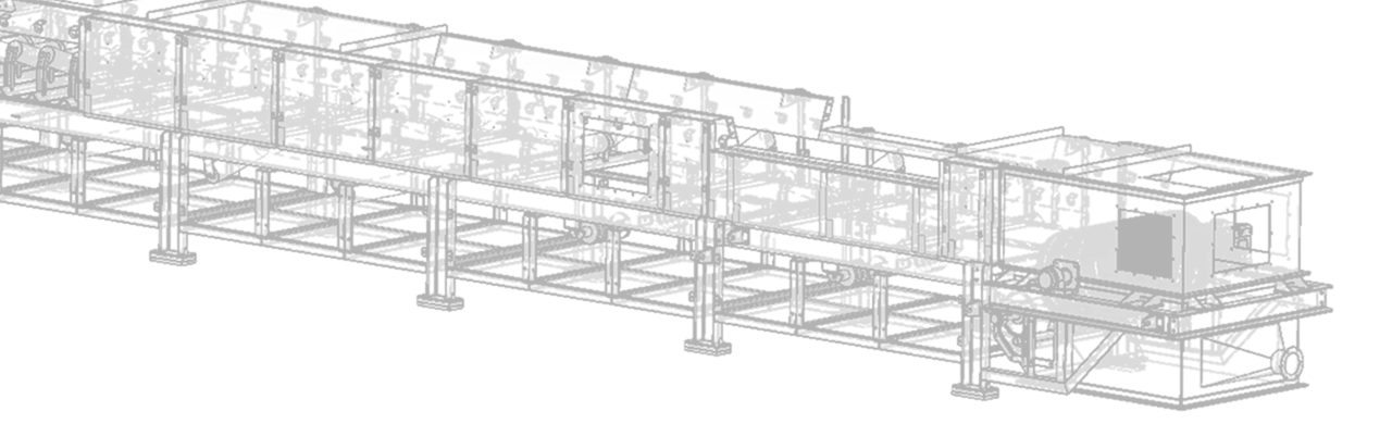 透過背景に白線で描かれた、長距離にわたるコンベアラインの緻密なワイヤーフレーム構造図。