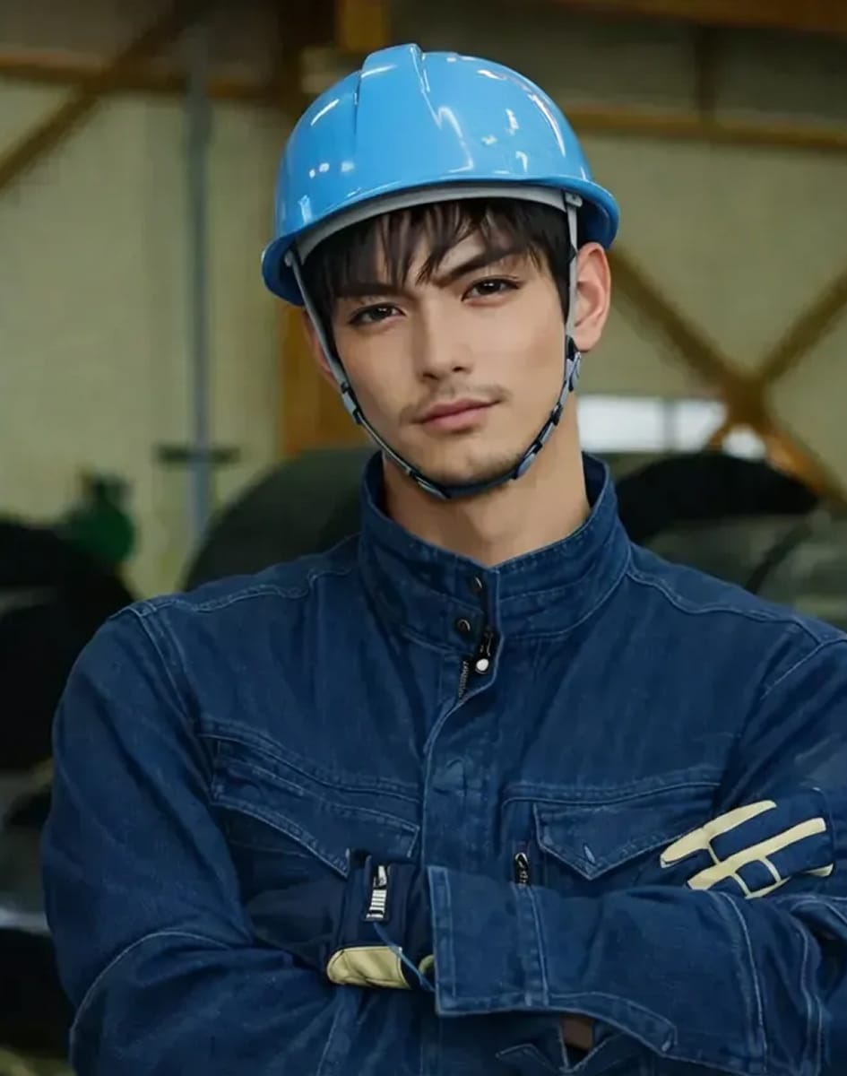 青いヘルメットとデニム生地の作業服を着用し、腕を組んでこちらを見つめる若手作業員のポートレート。
