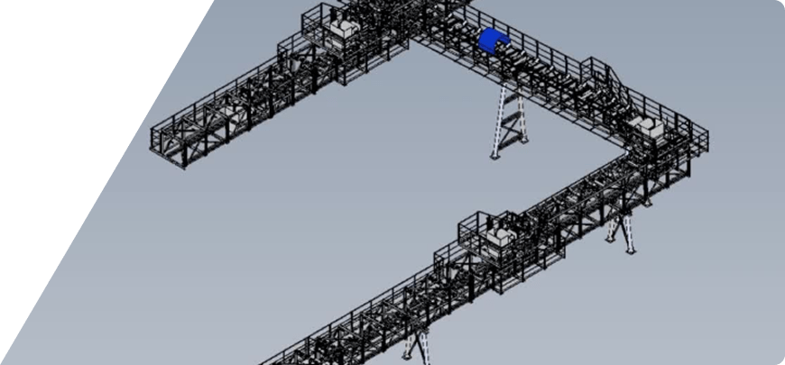 空間を効率的に活用するように組まれた、トラス構造のコンベアシステムの3Dレンダリング画像。