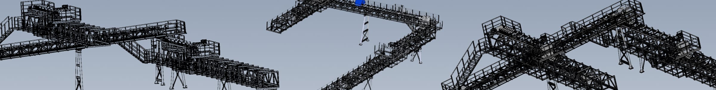 複雑に組み合わされた大型ベルトコンベア設備の3D設計図面・モデリング画像