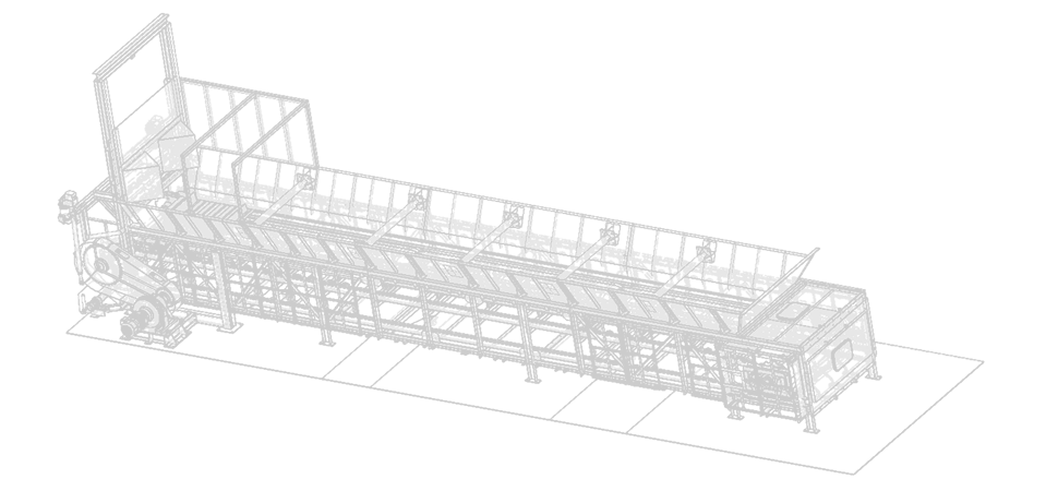 投入ホッパーや搬送路の骨組みを詳細に描いた、コンベアシステム全体の3Dワイヤーフレーム設計図