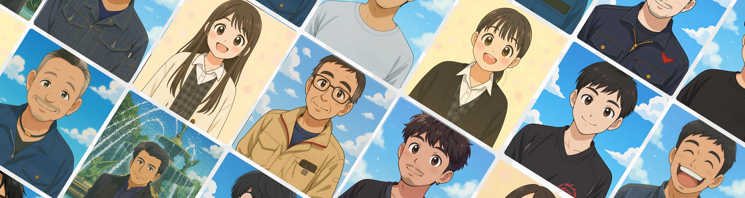 笑顔の男性や女性、作業服姿のキャラクターなど、多様な人物のアニメ風イラストがタイル状に並べられた背景画像。