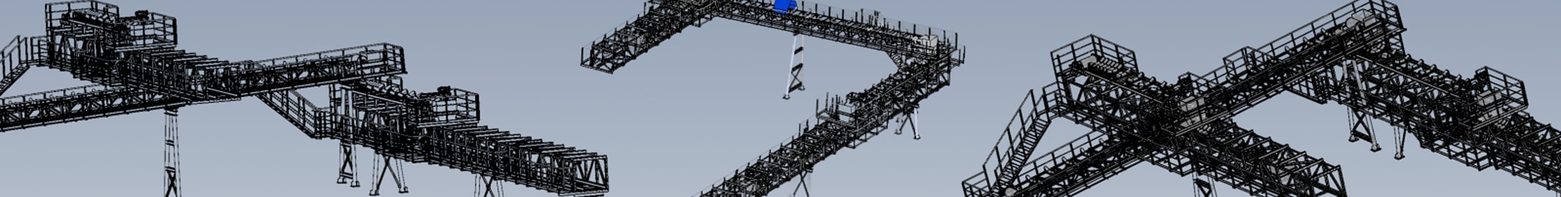 複雑に組み合わされた大型ベルトコンベア設備の3D設計図面・モデリング画像