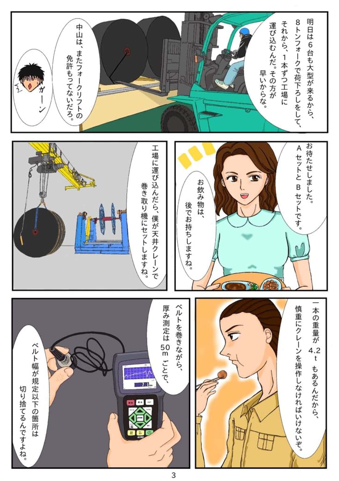 コンベアベルトの搬入から厚み測定までの作業を描いた漫画イラスト