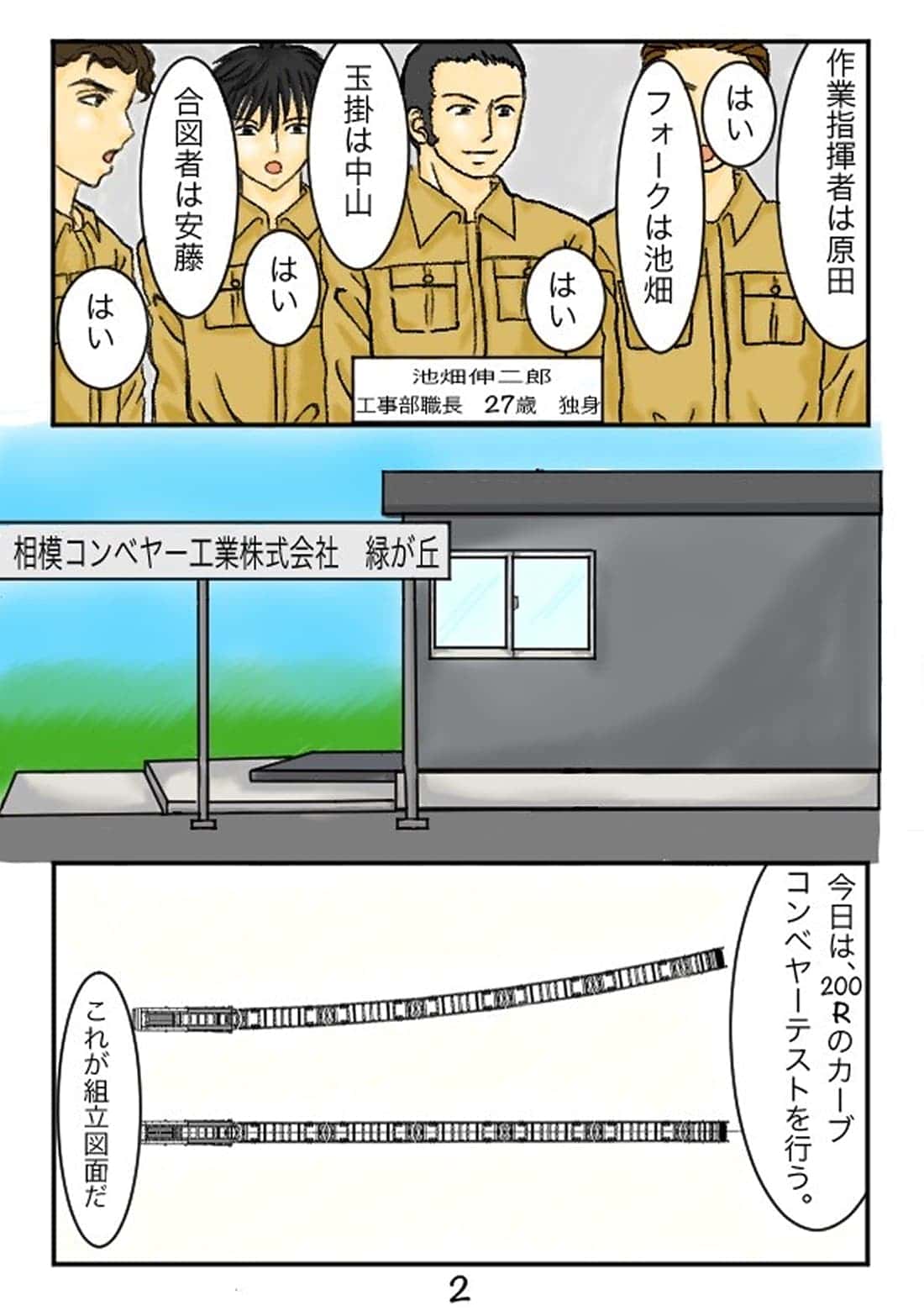 作業指示とコンベアテスト準備の漫画シーン