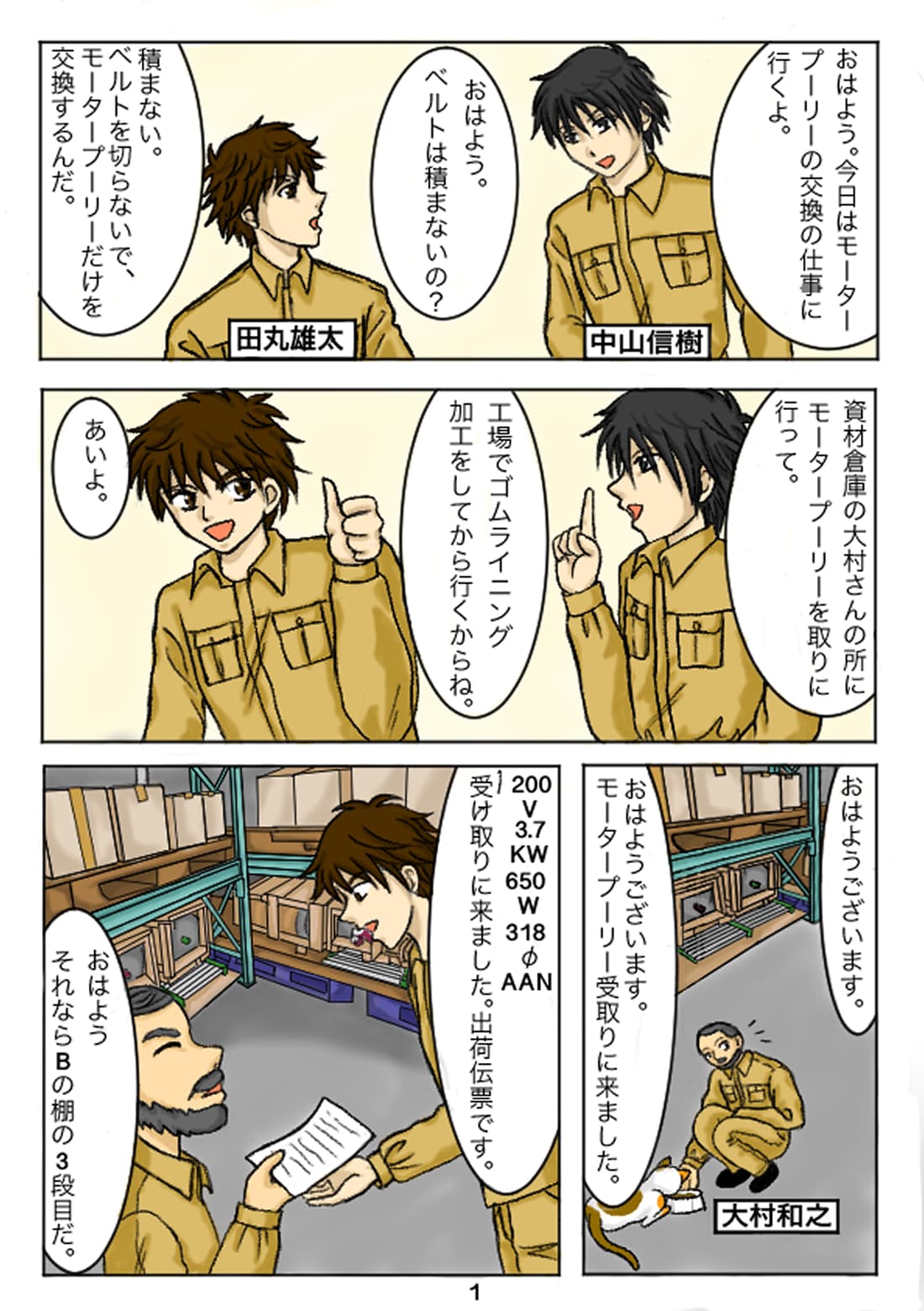 モータープーリー交換の作業内容を説明する漫画シーン