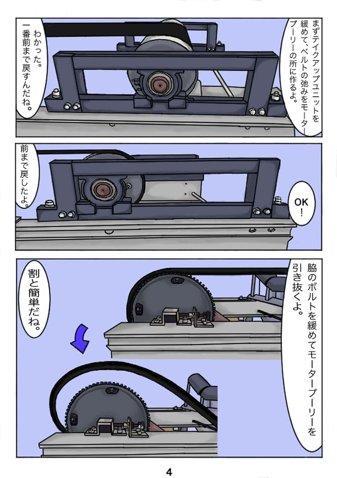 モータープーリーの取り外し手順を説明する漫画シーン