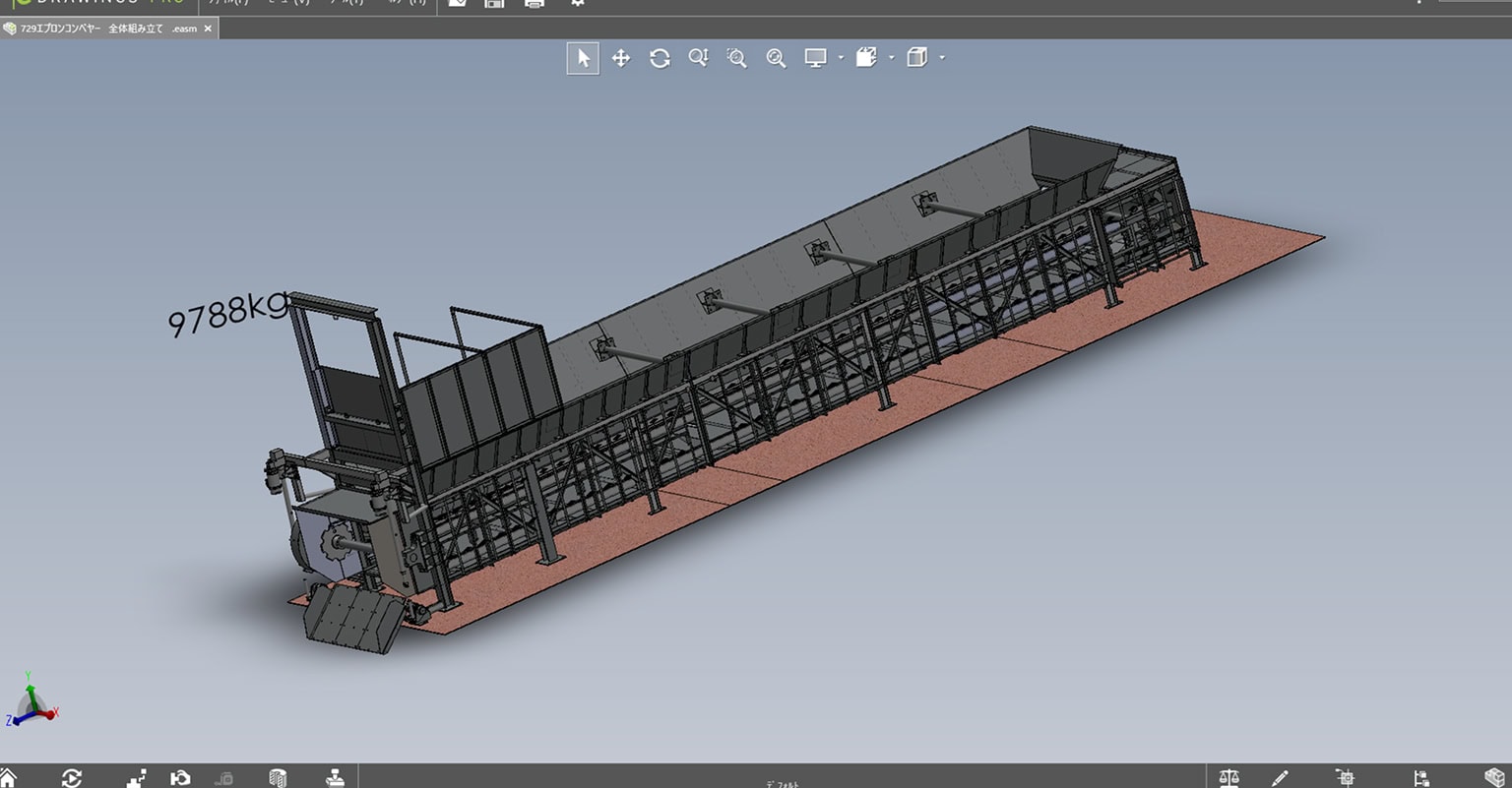 大型コンベア設備の3D設計モデル、全体構造とレイアウトを示したCADデータ