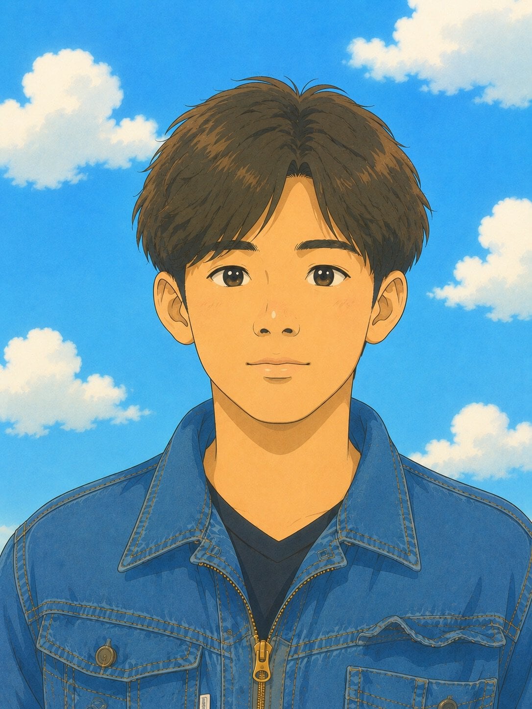 青空と白い雲を背景にした少年の肖像画。少年は青いジャケットを着て、穏やかな表情をしている。.